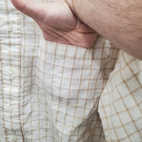 Bullock & Jones Mens White Tan Gingham 100% Linen Long Sleeve Button Up Shirt XL - Picture 3 of 6